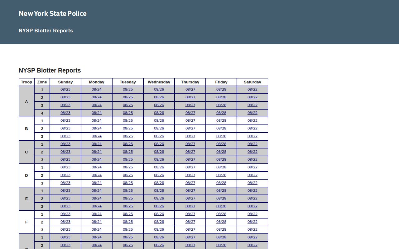 Oneida County area NYSP blotter record selection interface