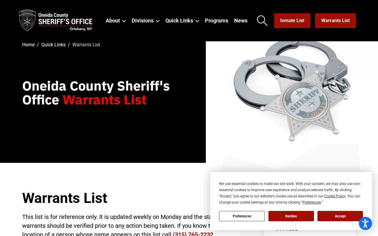 Oneida County warrant record reference list on the Sheriff website